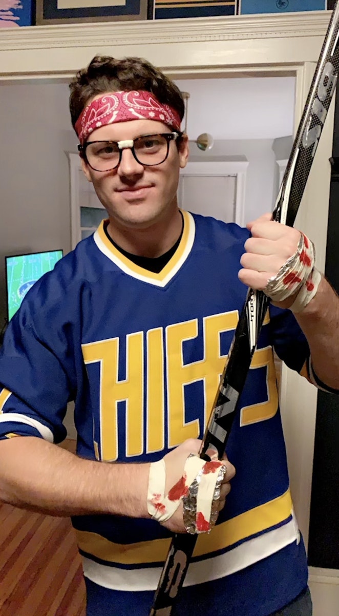 Michael on halloween dressed as a hockey player